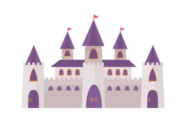 Vector illustration of Fairytale romanesque castle. Impenetrable wall three purple gates towers red flags powerful residential building with two observation towers colorful fantasy citadel. Cartoon beautiful vector.