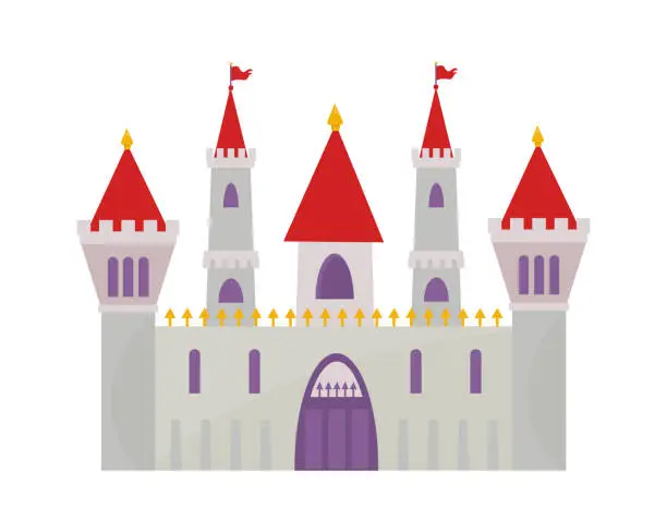 Vector illustration of Magical fairytale castle. Wall impenetrable purple gate towers gold arrow ornament red flags powerful building with two observation towers colorful fantasy citadel. Cartoon dreams vector.