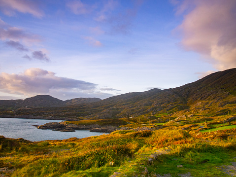 A beautiful Irish Landscape. Soft pastel clouds in the darkening blue sky above a dramatic Irish hillside covered with lush greens and tall golden grass leading to the ocean bay to the left.