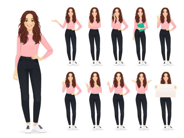 Woman in casual style clothes set Young woman with long hair in casual style clothes set different gestures isolated vector iilustration casual clothing stock illustrations