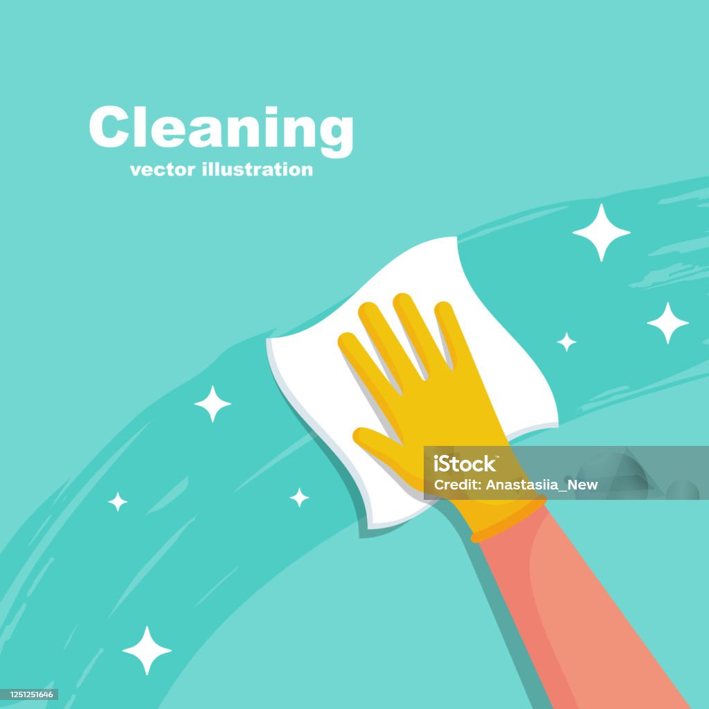 Houseworker wipes the surface with a napkin vector Houseworker wipes the surface with a napkin. Protective rubber yellow gloves on the hands. Cleaning with spray detergent. Hygiene home vector. Cleaning and disinfection. Housekeeping service concept. Cleaning stock vector
