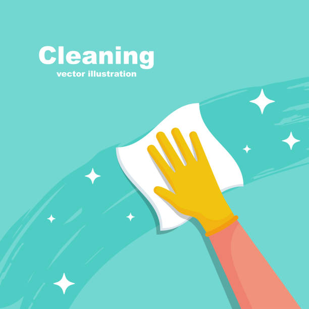 Houseworker wipes the surface with a napkin vector Houseworker wipes the surface with a napkin. Protective rubber yellow gloves on the hands. Cleaning with spray detergent. Hygiene home vector. Cleaning and disinfection. Housekeeping service concept. cleaner illustrations stock illustrations