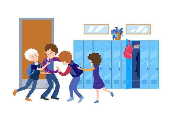 Children school behavior Boys fighting in school. Normal situation from childhood. College fight. Violence policy. Teenager behavior concept. Editable vector illustration in flat cartoon style isolated on white background boy getting dressed for school stock illustrations