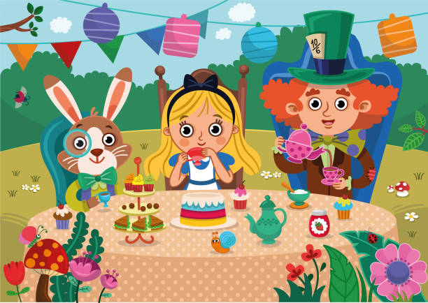 Alice's Adventures in Wonderland Tea Party Alice's Adventures in Wonderland vector illustration. Mad Tea Party. Alice, white rabbit and Mad Hatter characters have a great time in a tea party. Colorful and fun design for Wonderland style. girl sitting in chair drawing stock illustrations