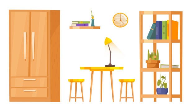 Badroom furniture collection Bedroom furniture collection. Modern household set with decoration details. Editable vector illustration in a flat cartoon style isolated on a white background. Living, lifestyle, interior concept. outhouse interior stock illustrations