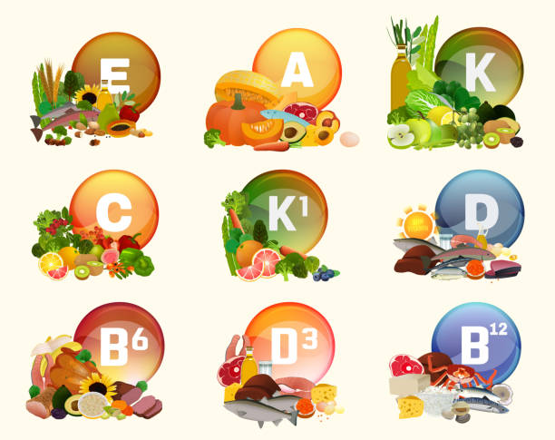 ilustrações, clipart, desenhos animados e ícones de coleta de vitaminas com alimentos - vitamin k illustrations