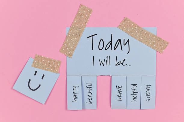 istock Motivational concept with blue tear-off stub note with text 'Today I will be...' and words 'happy, beautiful, brave, helpful' and 'strong' on pink background 1251259447