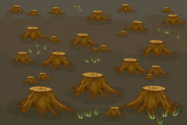 Vector illustration of Deforestation with many stump in desert place.