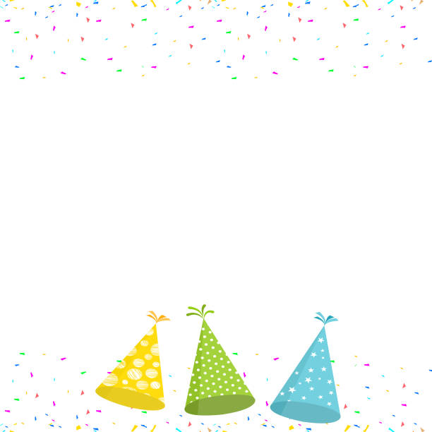 ilustrações de stock, clip art, desenhos animados e ícones de party hats with confetti on white background. - party hat hat white background blue