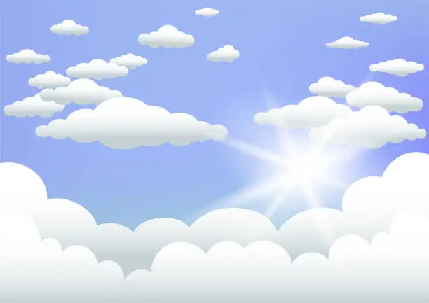 Vector illustration of sun behind the clouds blue sky background