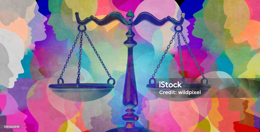 Social Justice Together Social justice together as a crowd of diverse people with a law symbol representing community legislation and equal rights or legal lawyer icon with 3D illustration elements. Morality Stock Photo