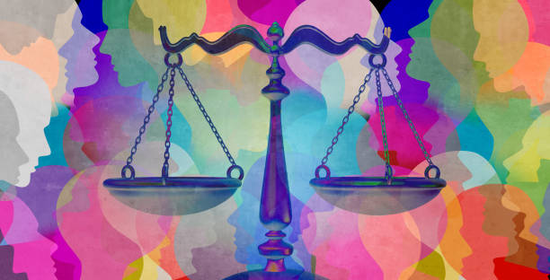 Social Justice Together Social justice together as a crowd of diverse people with a law symbol representing community legislation and equal rights or legal lawyer icon with 3D illustration elements. social justice concept stock pictures, royalty-free photos & images
