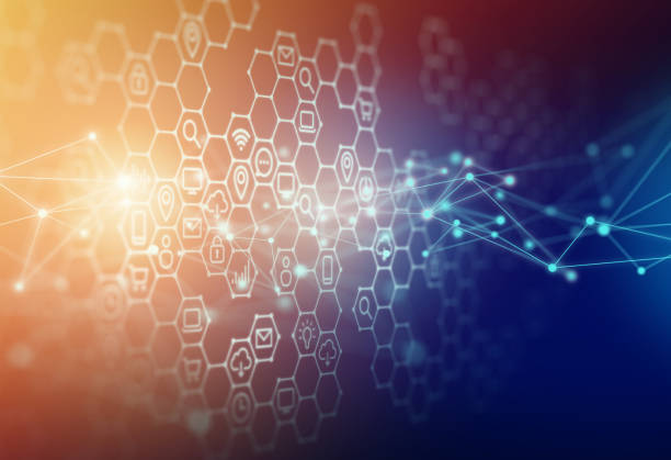 Technology Symbols on Hexagon Network with Polygon Graphic Abstract Background Technology Symbols on Hexagon Network with Polygon Graphic Abstract Background. application modernization stock pictures, royalty-free photos & images
