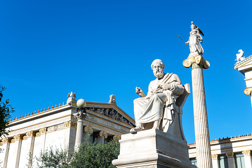 Greece, Athens, the architectural complex of the Academy of Athens with the statues of Plato and Athena