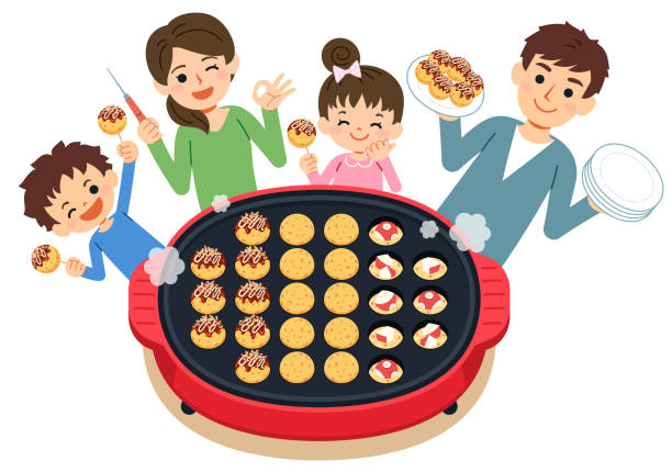 One scene of the family. A fun landscape where you can have a meal while you are cooking with your family. Have a Takoyaki party on the hot plate. One scene of the family. A fun landscape where you can have a meal while you are cooking with your family. Have a Takoyaki party on the hot plate. tako stock illustrations