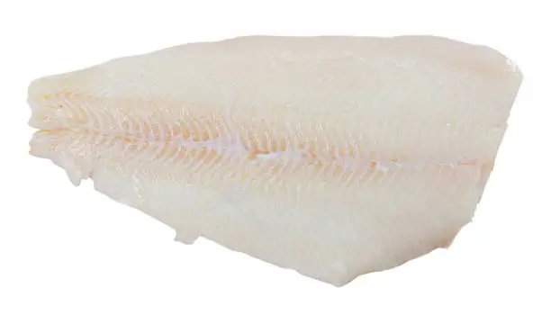 Image of fillet of raw halibut fish before cooking. Isolated over white background