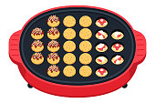 A cute red and round hot plate with lots of delicious takoyaki.