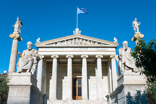Greece, Athens, the main entrance of the Academy of Athens with statues of Greek philosophers and gods
