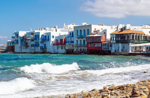 Greece, Mykonos,  the houses of  Little Venice area of the Chora old village seafront