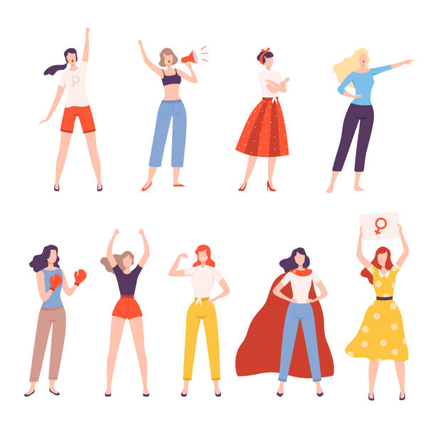 ilustraciones, imágenes clip art, dibujos animados e iconos de stock de strong girls set, movimiento de empoderamiento de mujeres, igualdad de género, feminismo, libertad, protesta, poder femenino y derechos concepto ilustración vectorial de estilo plano - fuerza ilustraciones