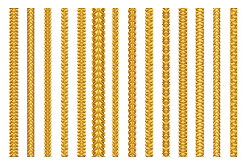 Seamless golden decoration chain braid ornament belt plait isolated gold pattern border design set vector illustration