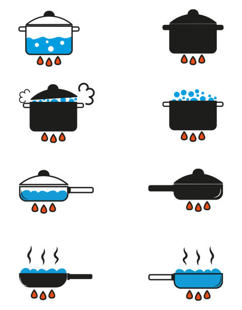 ilustrações de stock, clip art, desenhos animados e ícones de set of boiling saucepan. hot water in the saucepan. vector illustration. manual cooking. - boiling water