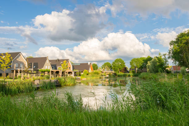 New housing estate along a pond Scenic view of new housing estate " 't Suyt " in Waddinxveen, Holland. Green and watery new district on the edge of town. water activities stock pictures, royalty-free photos & images