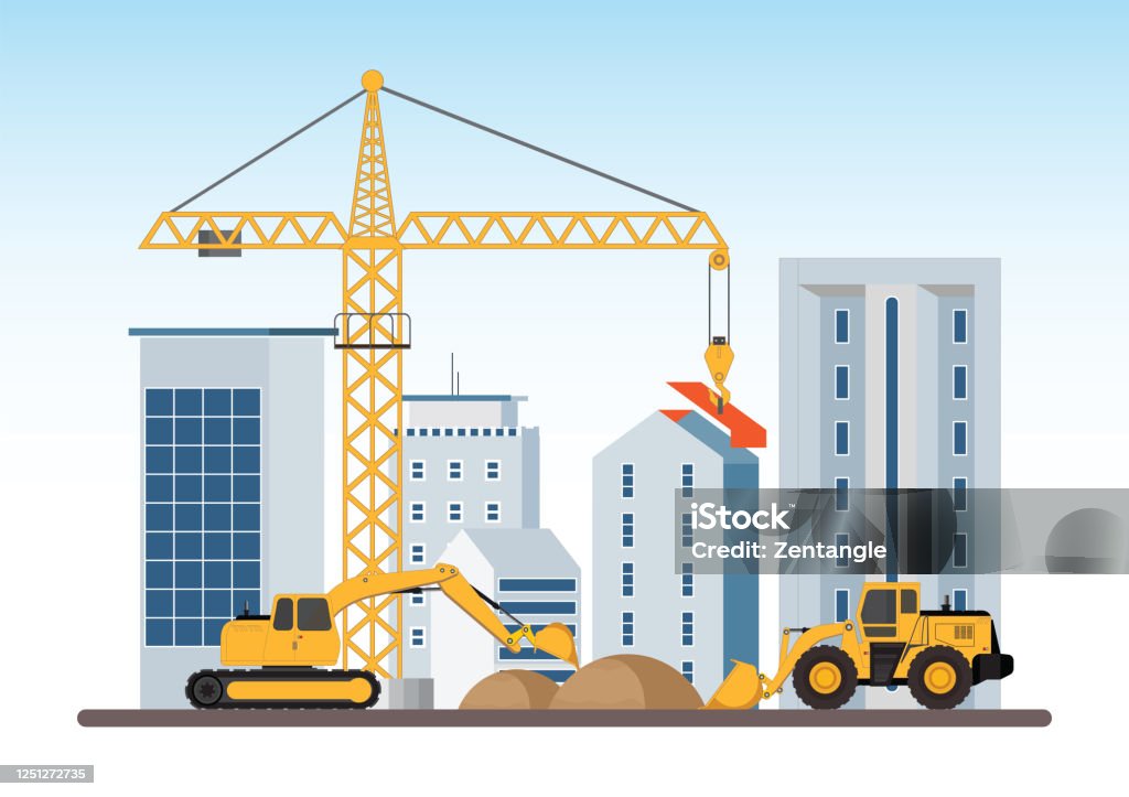 Build Machine Cartoon Under Construction Building Work Process With Construction Machines ...