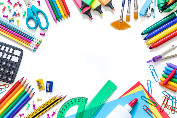 istock Multicolored school supplies on a frame shape with copy space on white background 1251272951