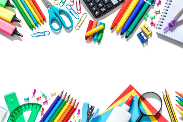 istock Multicolored school supplies on a frame shape with copy space on white background 1251272974