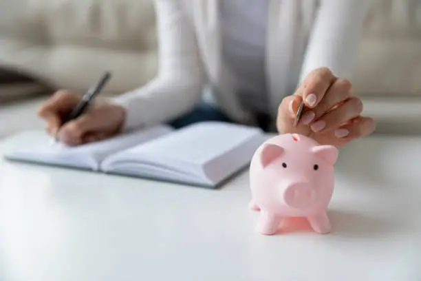 Photo of Thrifty woman writing daily expenses put coin into piggy bank