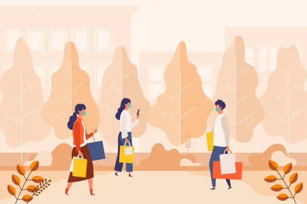 Vector illustration of Landscape with masked people carrying shopping bags at autumn city street. Man and woman taking part in seasonal sale at   mall on new normal.