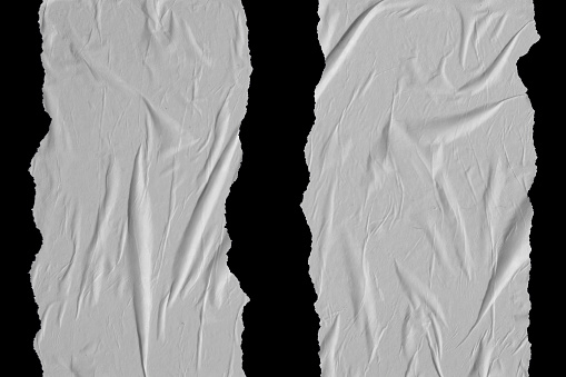 Two vertical stripes of white crumpled paper on a black background.