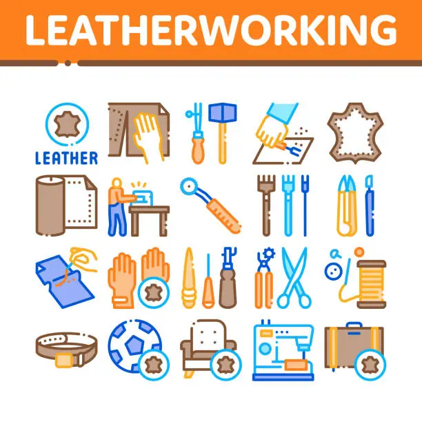 Vector illustration of Leatherworking Job Collection Icons Set Vector