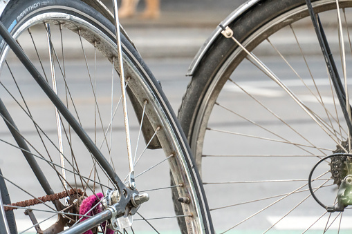 Berlin, Germany - June 12, 2020: Spokes on bicycles’ wheels