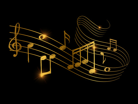 Sketch of golden musical sound wave with music notes. Vector illustration