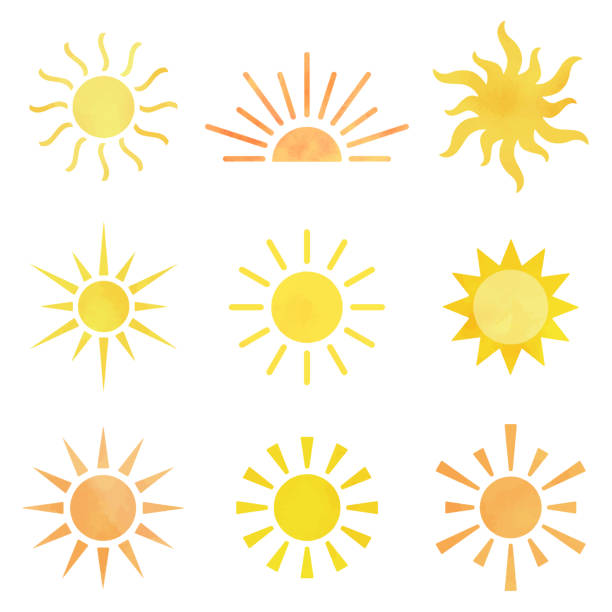ilustraciones, imágenes clip art, dibujos animados e iconos de stock de conjunto de iconos del sol, estilo acuarela - rayo de sol ilustraciones