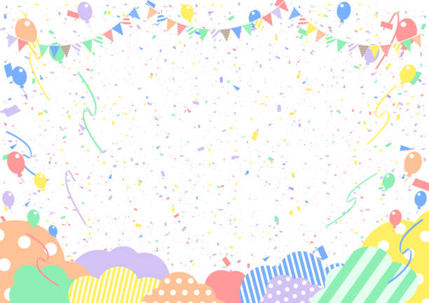 Patchwork cloud pattern illustration frame of various pattern and balloons,flag garland   stripe gingham check dot   masking tape Patchwork cloud pattern illustration frame of various pattern and balloons,flag garland   stripe gingham check dot   masking tape ticker tape stock illustrations