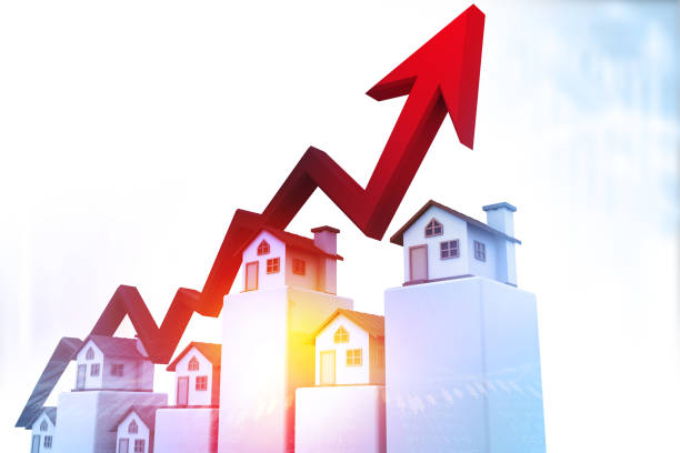 Real estate business growth graph Real estate business growth graph. Arrow graph with house graph. 3d illustration Real Estate stock pictures, royalty-free photos & images