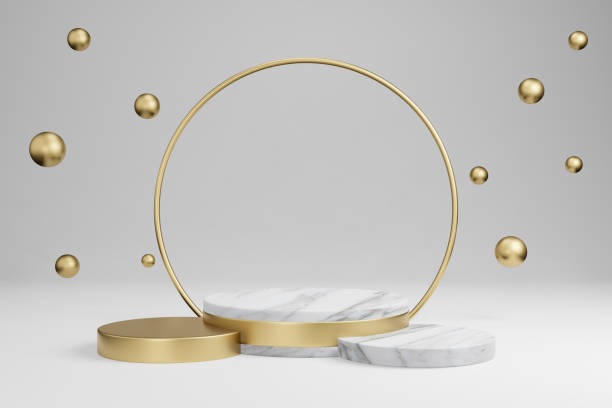 istock Mock up studio with marble cylindrical shapes, podium, platforms for product presentation, with gold object decoration on gray background. 3d rendering 1251281344