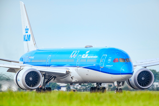 KLM Boeing 787 Dreamliner landing at Schiphol Airport. The Boeing 787 Dreamliner is a wide-body jet airliner and the KLM (Royal Dutch Airlines) fleet counts 13 Dreamliner 787-9 airplanes. The 787-9 is a lengthened and strengthened variant with a higher maximum take-off weight .