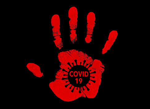 Coronavirus. Red palm hand print with logo symbol of Covid-19 on black background.