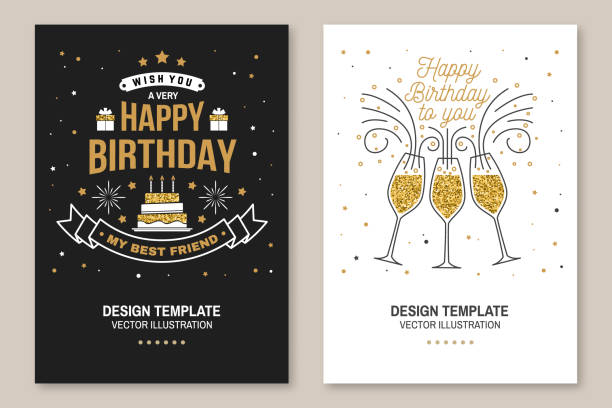 Happy Birthday to you. Stamp, sticker, card with Champagne glasses and cake with candles. Vector. Vintage typographic design for invitations, birthday celebration emblem in retro style Happy Birthday to you. Stamp, badge, sticker, card with Champagne glasses and cake with candles. Vector. Vintage typographic design for invitations, birthday celebration emblem in retro style happy birthday best friend stock illustrations