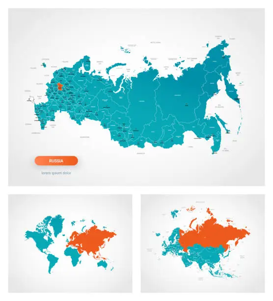 Vector illustration of Editable template of map of Russia with marks. Russia on world map, on Europe and Asia map.