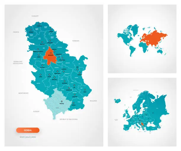 Vector illustration of Editable template of map of Serbia with marks. Serbia on world map and on Europe map.