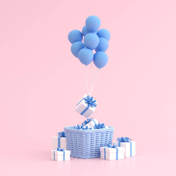 istock Mock up of gift box in basket and balloons. 3D rendering. 1251285489