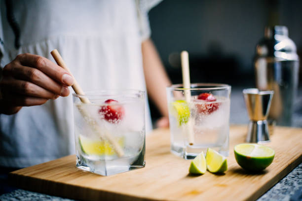 fare gin e tonic fatti in casa - cocktail transparent cocktail shaker glass foto e immagini stock