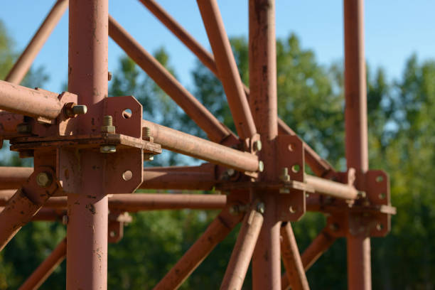 Scaffolding Elements Construction. Metal scaffolding tubes and bars. Construction site details. Bridge support.