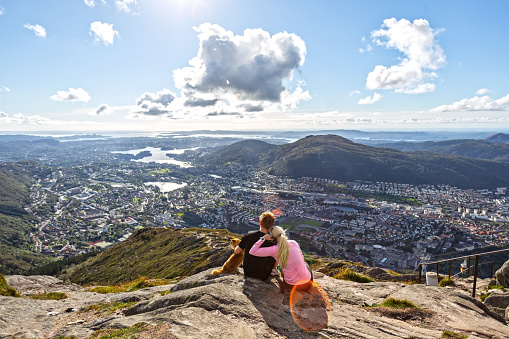 Bergen, Norway, September 20, 2013 : Young Couple on Vacation Looking from Top of Mount Floyen