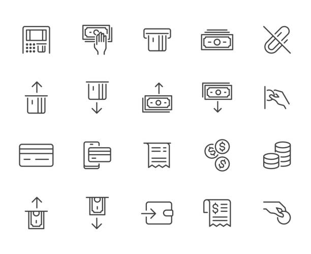 Atm machine line icon set. Withdraw money, deposit, hand taking cash, receipt minimal vector illustration. Simple outline signs for payment terminal application. Pixel Perfect. Editable Strokes Atm machine line icon set. Withdraw money, deposit, hand taking cash, receipt minimal vector illustration. Simple outline signs for payment terminal application. Pixel Perfect. Editable Strokes. exchange teller stock illustrations